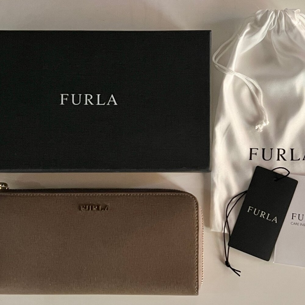 Brand new with tags Furla extra large zip around wallet in dark beige leather